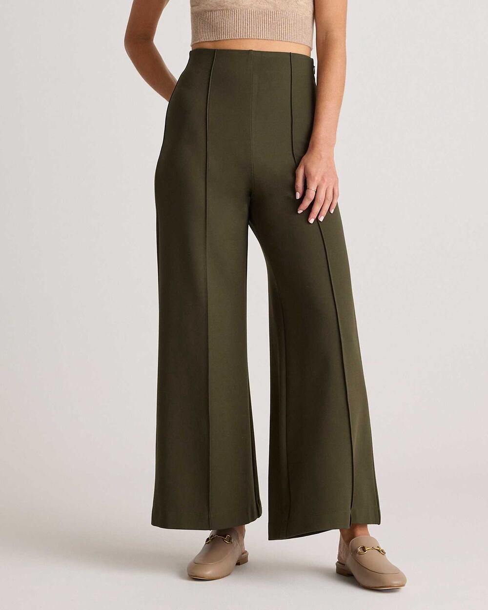 Quince Olive Green Ultra-Stretch Ponte Super Wide Leg Ankle Pants Womens Size XS